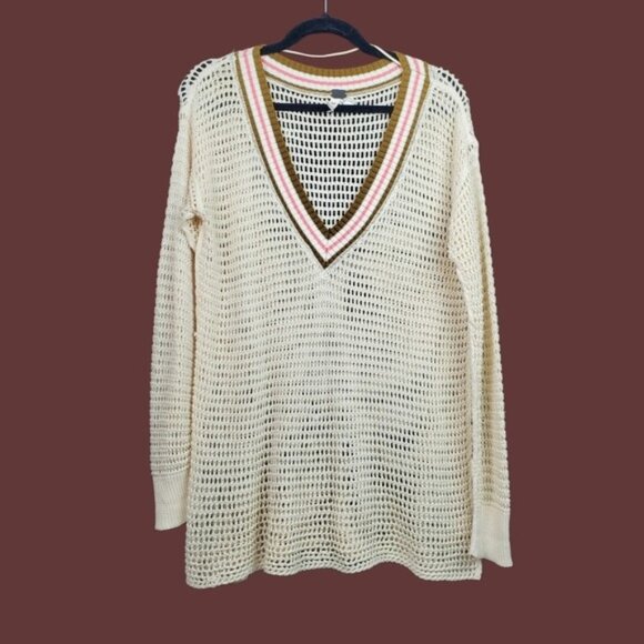 Free People We The Free Cream V-Neck Crochet Open Knit Pullover Sweater Size M - Picture 2 of 5